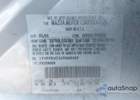 2004 Mazda Mazda6 S z USA, uszkodzony, nr VIN 1YVFP84D345N60440